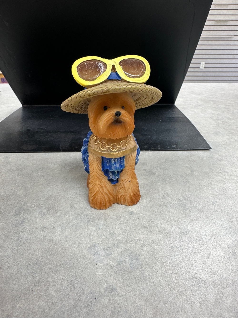 Brown Dog Figurine in Blue Outfit with Yellow Sunglasses Hat -
